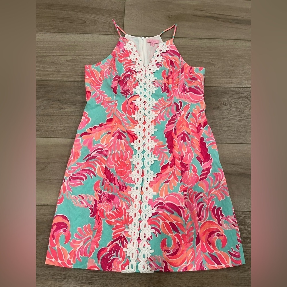 Lilly Pulitzer Poolside Blue Love Birds Print Pearl Shift Dress Sun Dress Sz 14